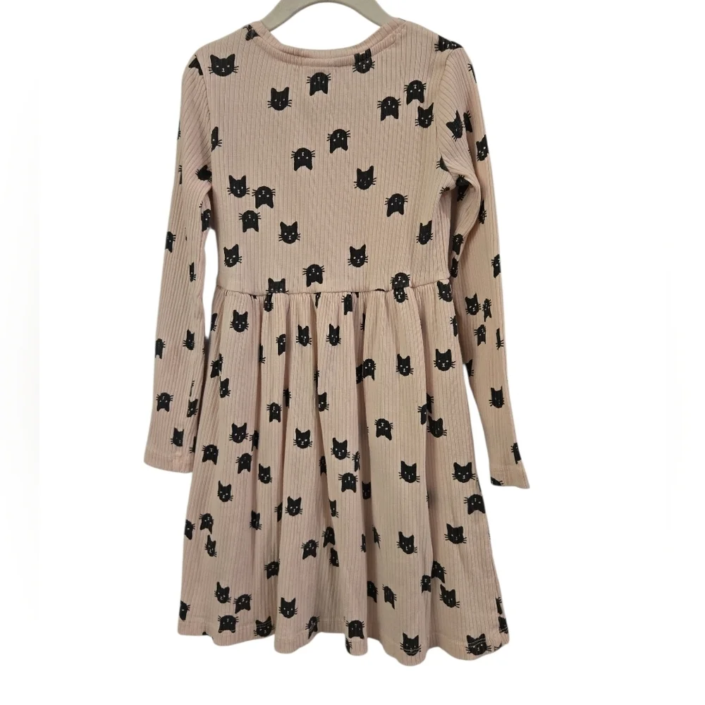 HANNA ANDERSSON PINK AND BLACK RIBBED CAT PRINT LONG SLEEVE DRESS. SIZE 6-7.